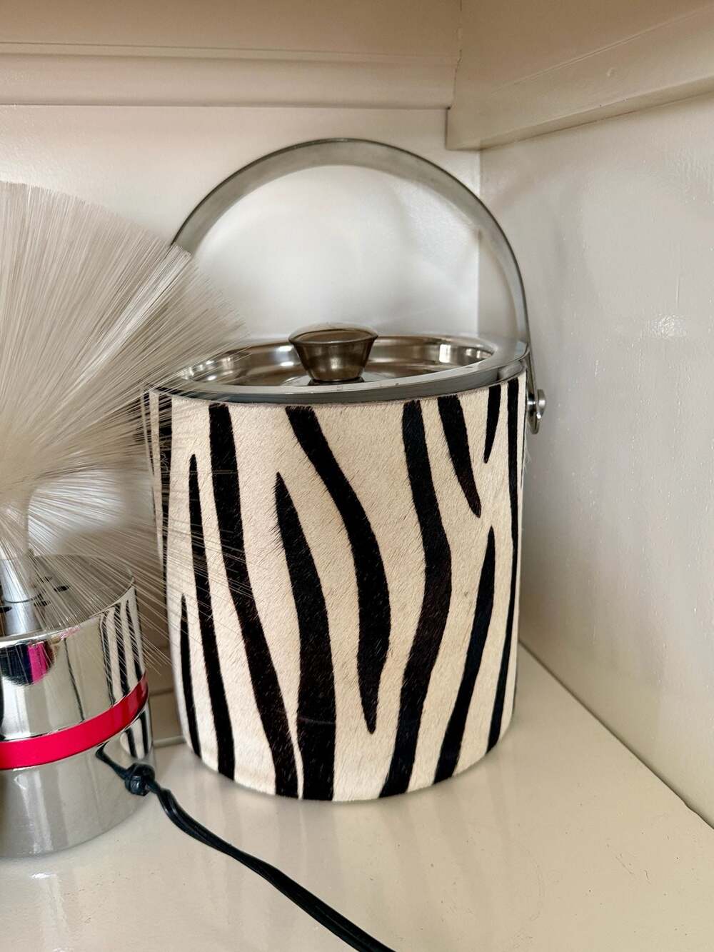 Vintage Zebra Print Faux Fur Ice Bucket with Silver-Tone Handle